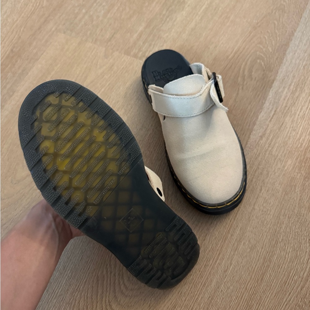 Dr. Martens Beige Suede Clog Mules with Black Soles - Picture 2 of 3